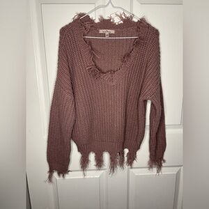 Love Tree Frayed V-Neck Sweater in Mauve